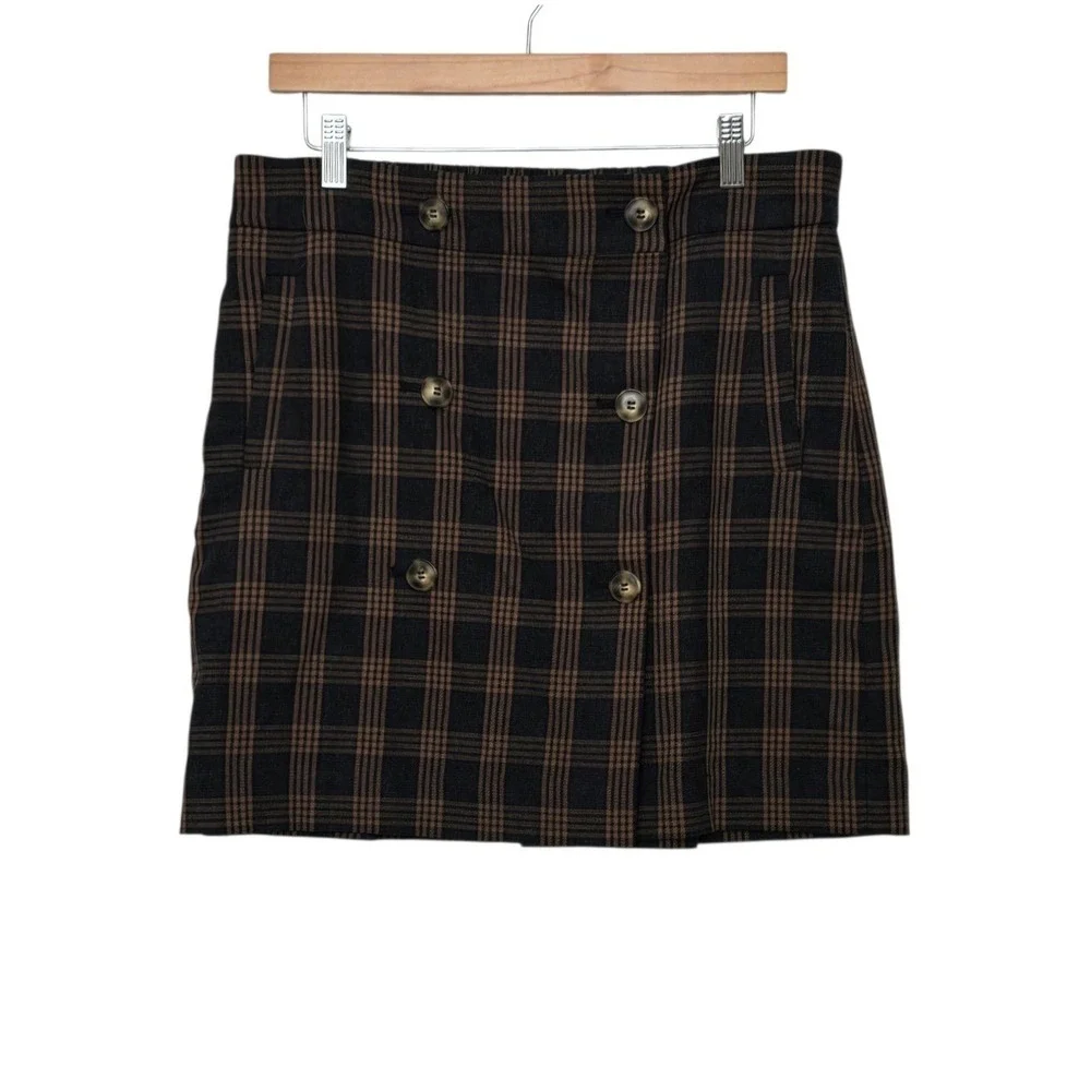 Madewell Womens Brown Black Plaid Double Breasted Mini Skirt Size L Elastic Back